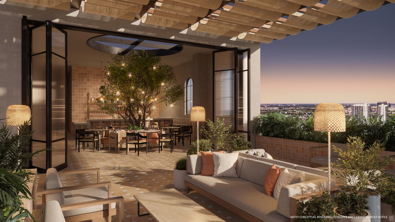 Inviting fire pit lounge with breathtaking views of the Biscayne Bay skyline